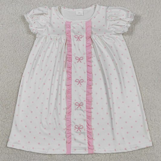 Baby Girls Dress Embroidery Bows Pink Polka Dots Knee Length Dresses GSD3312
