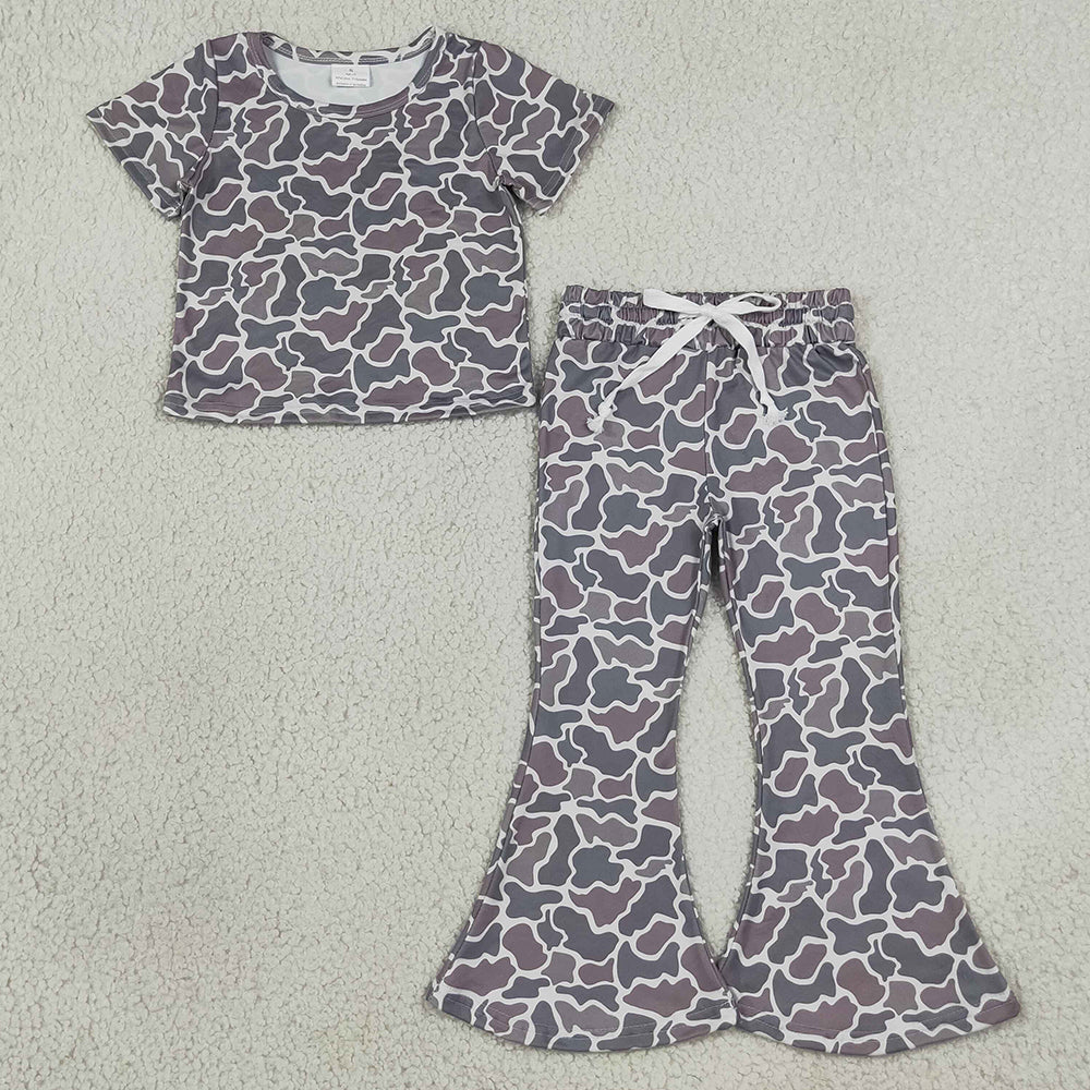 Baby Girls Clothes Short Sleeve Camo Shirts Top Bell Bottom Pant Clothes Sets GSPO1889