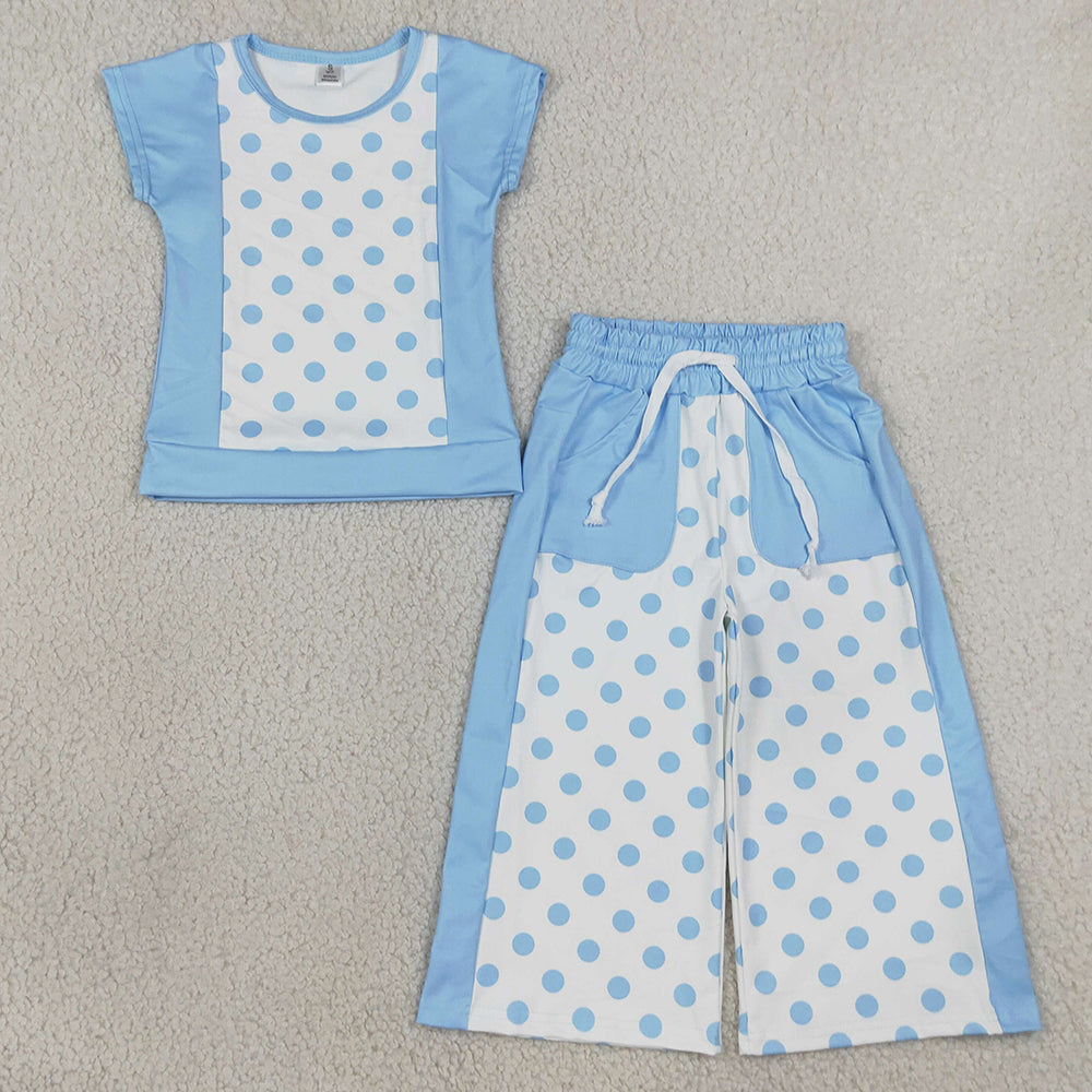 Baby Girls Clothes Blue Polka Dots Top Pockets Flare Pant Clothes Sets GSPO2334