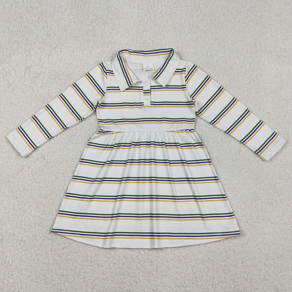 Baby Girls Dress Mardi Gras Stripes Button Knee Length Dresses GLD1331 11.1