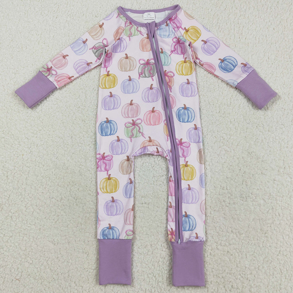Halloween Baby Girls Rompers Colorful Bows Pumpkins Fall Zipper Footie Rompers LR2442 8.9