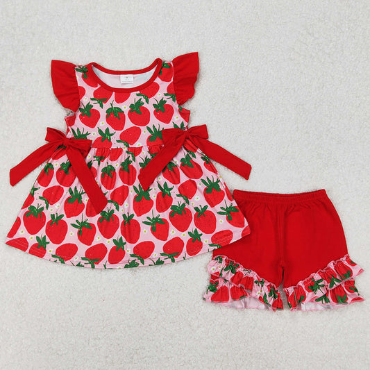 Baby Girls Clothes Red Strawberry Tunic Tops Ruffle Shorts Sets GSSO2023