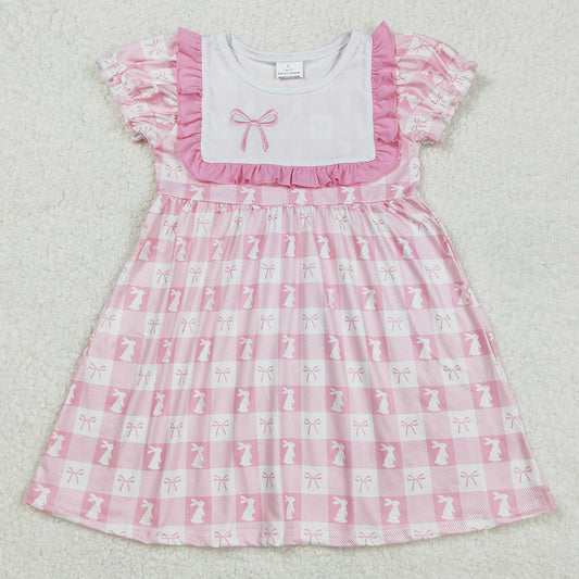 Baby Girls Dress Pink Easter Rabbits Bow Embroidery Checkered Knee Length Dresses GSD1578