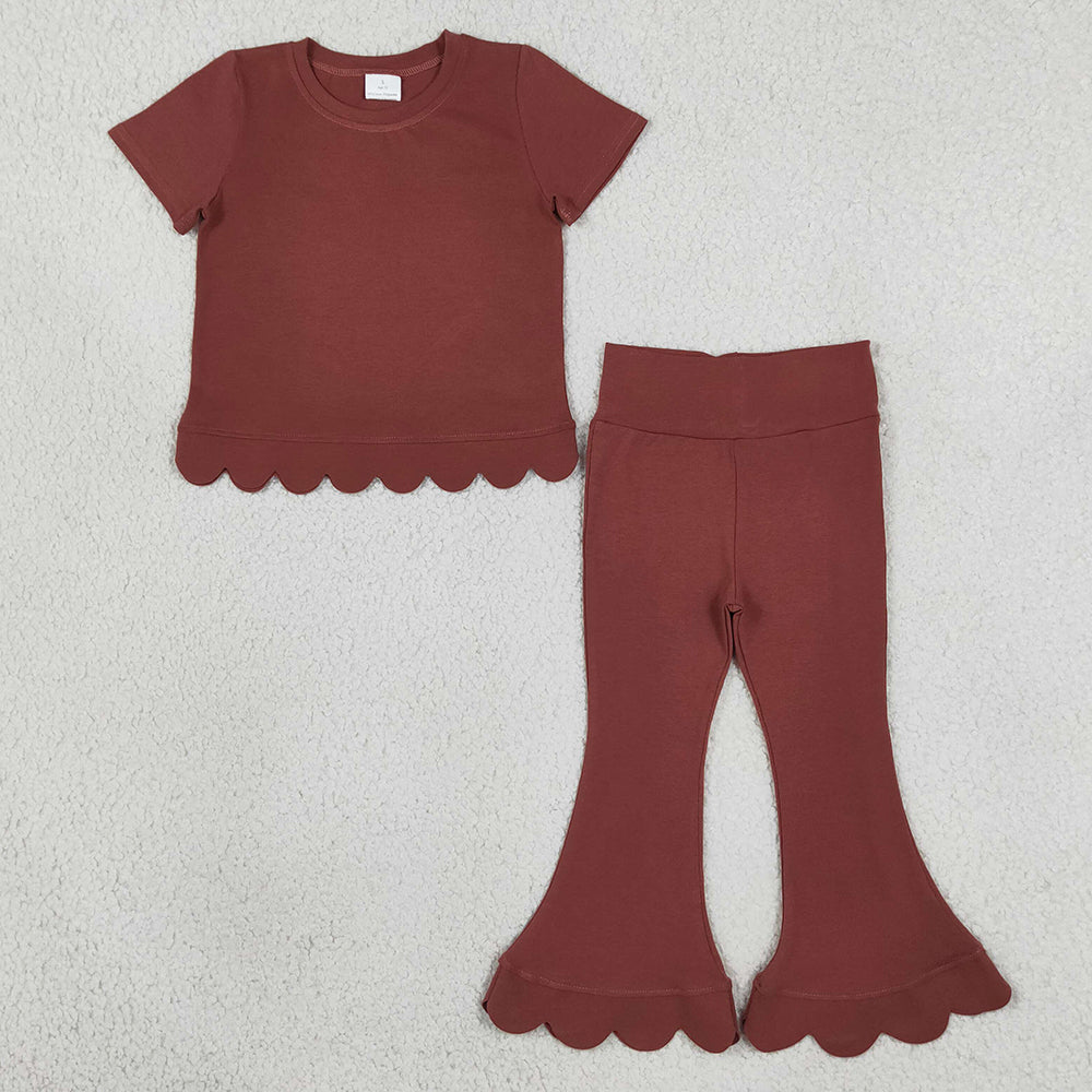 Baby Girls Brown Short Sleeve Shirts Top Flare Pant Scallop Clothes Set GSPO2347