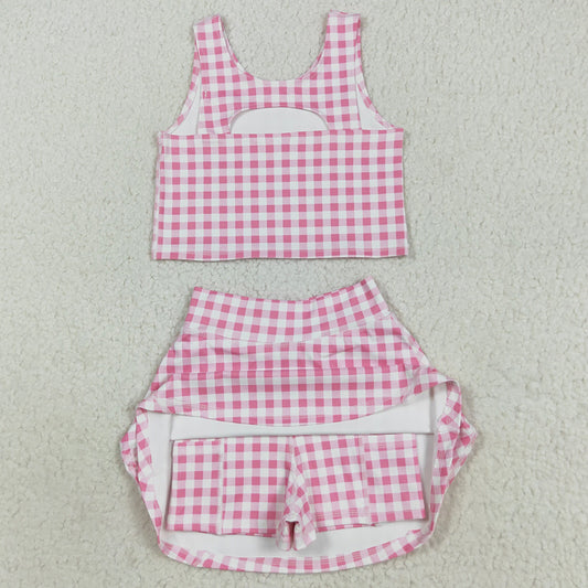 Baby Girls Clothes Sleeveless Pink Checked Vest Top Skorts Yoga Clothes Set GSD2786 8.9