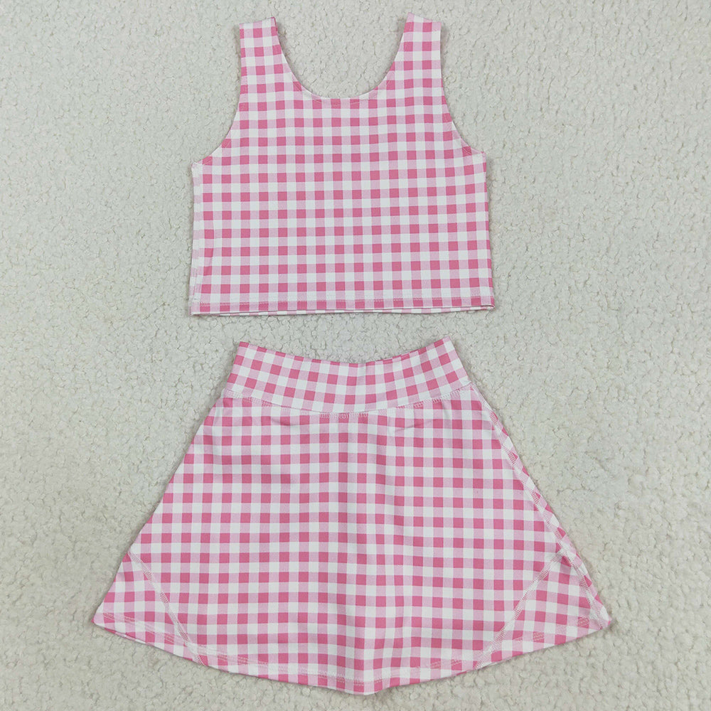 Baby Girls Clothes Sleeveless Pink Checked Vest Top Skorts Yoga Clothes Set GSD2786 8.9