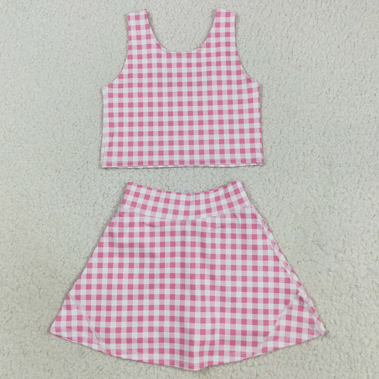 Baby Girls Clothes Sleeveless Pink Checked Vest Top Skorts Yoga Clothes Set GSD2786 8.9