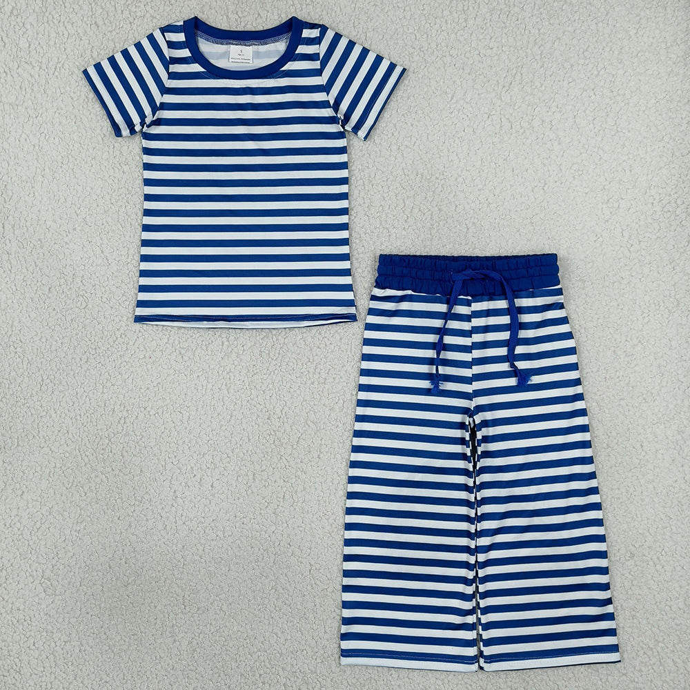 Baby Girls Short Sleeve Blue Stripe Top Straight Pant Pajamas Clothes Set GSPO2385