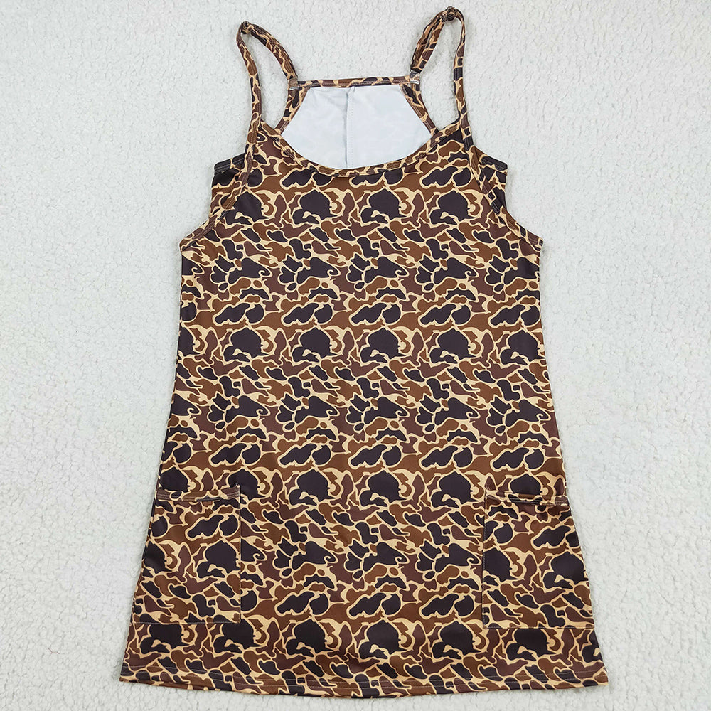 Adult Women Dress Strap Brown Camo Pockets Yoga Active Shorts Dresses GSD2735 8.9
