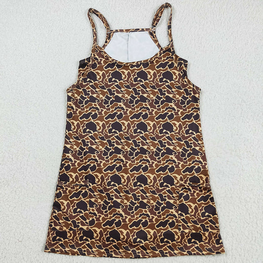 Adult Women Dress Strap Brown Camo Pockets Yoga Active Shorts Dresses GSD2735 8.9