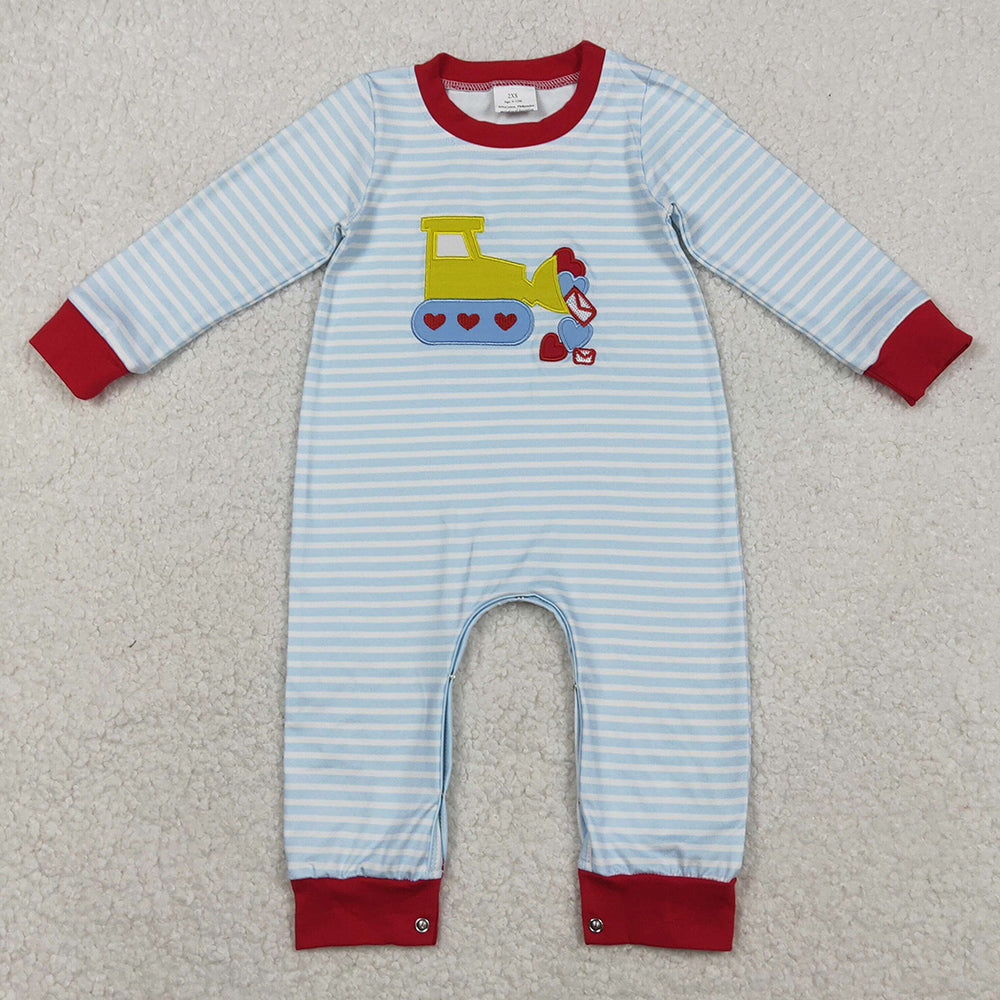 Baby Boys Rompers Embroidery Hearts Excavator Blue Stripe Valentines Footie Rompers LR2708 11.22