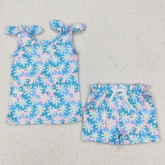 Baby Girls Clothes Blue Flowers Bows Tie Tops Shorts Clothes Sets GSSO2262