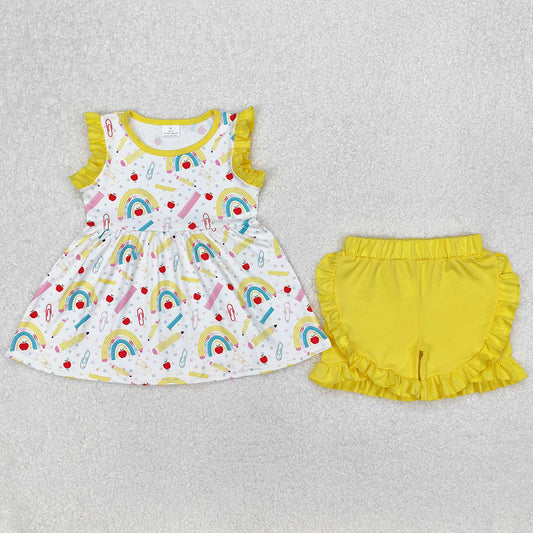 Baby Girls Dress Rainbow Back To School Tunic Tops Ruffle Shorts Clothes Sets GSSO1913