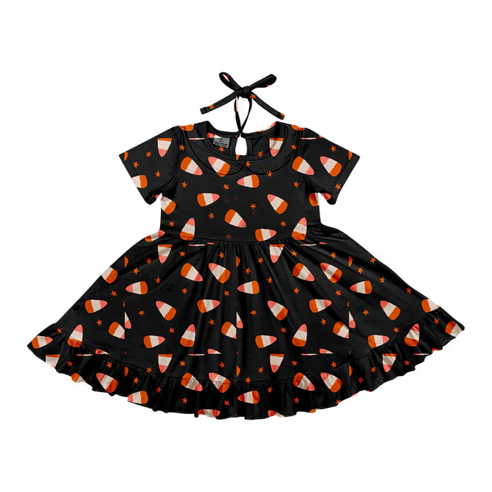 Preorder (moq 5)Baby Girls Halloween Candy Cane Short Sleeves Knee Length Dresses 6.4