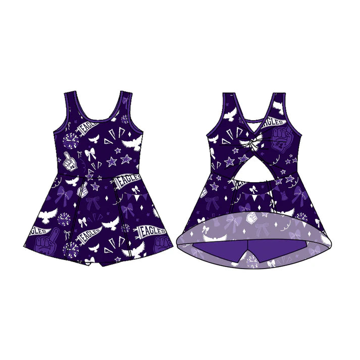 Preorder (moq 5)Baby Girls Sleeveless Purple Eagles Bows Football Team Shorts Dresses 7.11