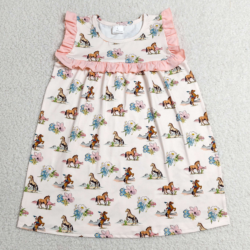 Baby Girls Dress Sleeveless Horse Rodeos Flowers Western Knee Length Dresses GSD1940