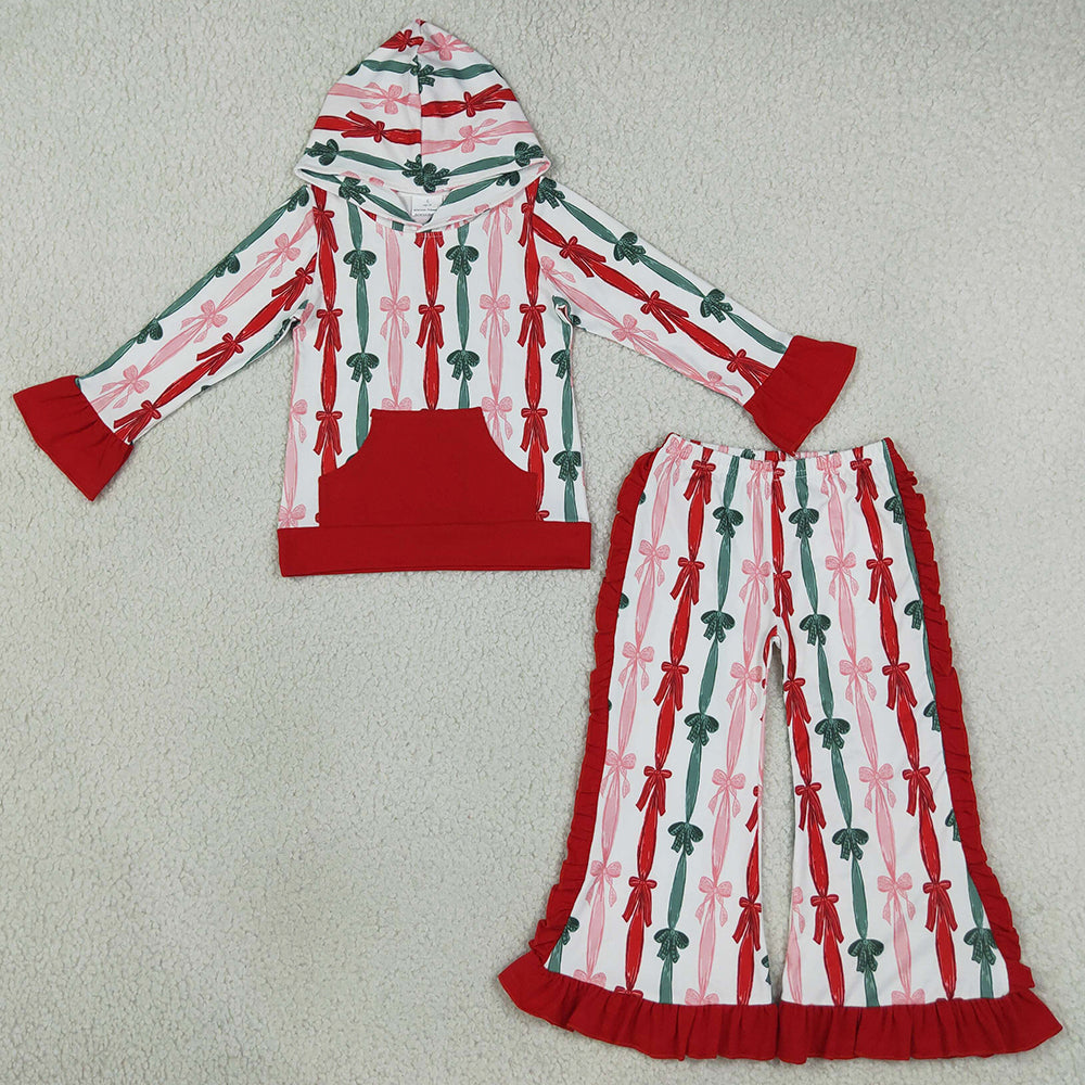 Baby Girls Clothes Green Red Bows Stripe Pocket Hoodie Ruffle Flare Pant Christmas Clothes Sets GLP3497
