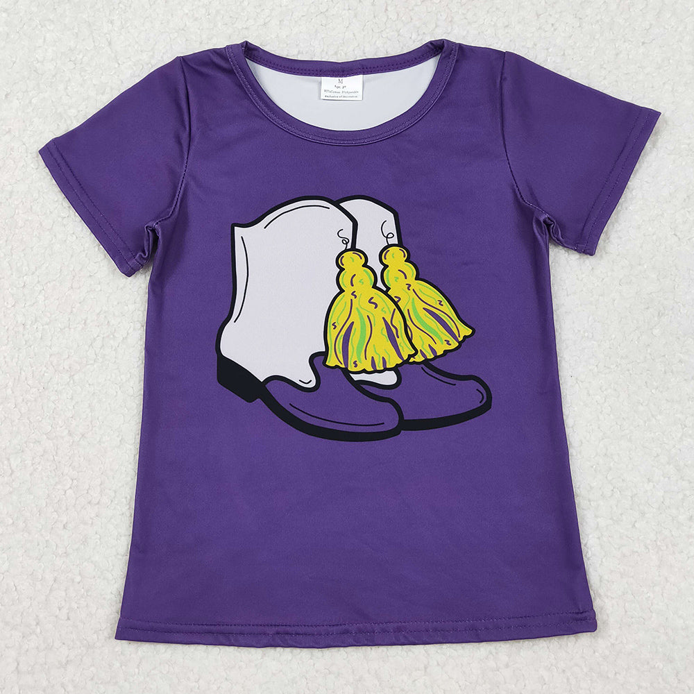 Baby Girls T-shirts Purple Short Sleeve Boots Tassel Mardigras Tee Shirts Top GT1254 11.1