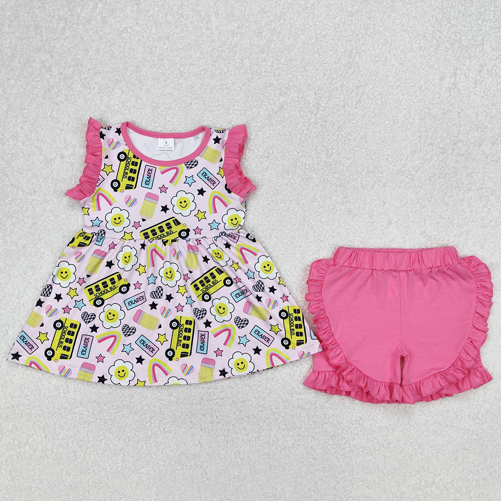 Baby Girls Clothes Bus Back To School Tunic Tops Ruffle Shorts Sets GSSO1912