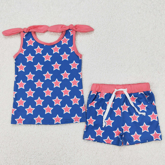 Baby Girls Clothes 4th Of July Stars Bow Shirt Shorts Clothes Sets GSSO2151