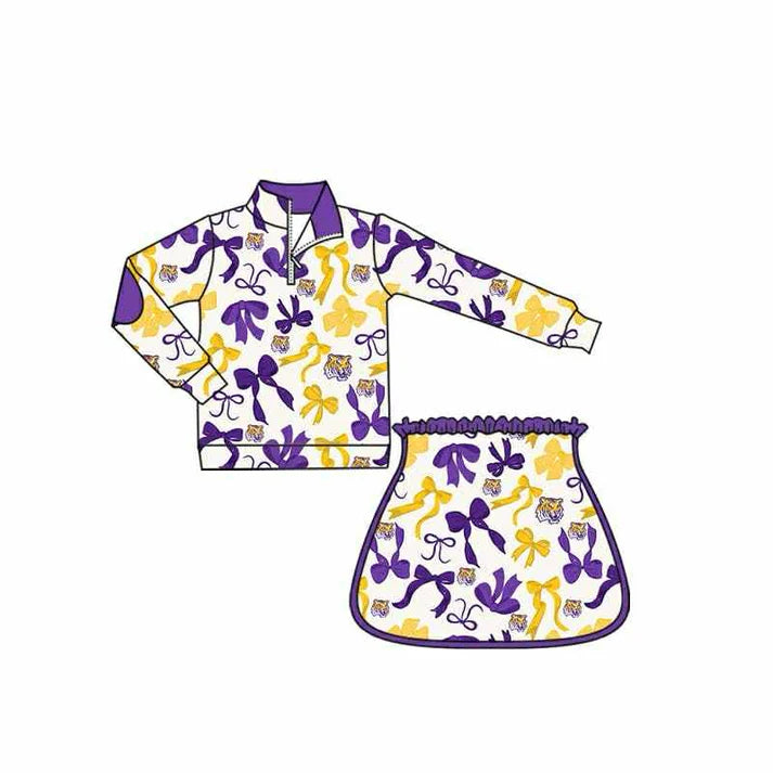 Preorder (moq 5)Baby Girls Purple Yellow Bows Tigers Plaid Zip Pullovers Skort Team Clothes Sets 8.13