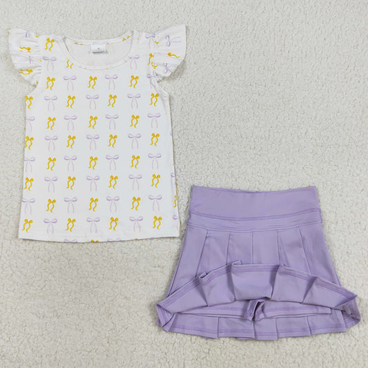 Baby Girls Clothes Yellow Lavender Bows Plaid Flutter Sleeves Top Yoga Skort Active Sets GSD2789 8.16