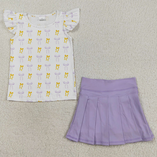 Baby Girls Clothes Yellow Lavender Bows Plaid Flutter Sleeves Top Yoga Skort Active Sets GSD2789 8.16
