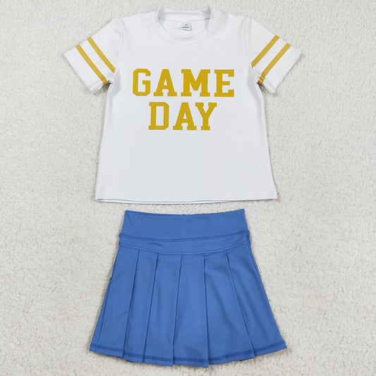 Baby Girls Clothes Vinyl Gold Game Day Top Blue Pleated Skorts Yoga Active Team Set GSD2741 8.16