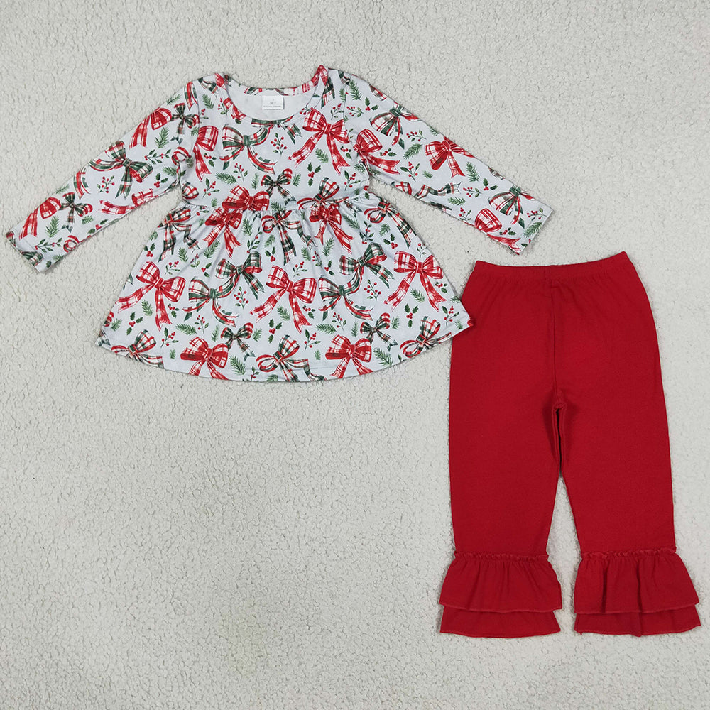 Baby Girls Red Green Checked Bows Holly Tunic Ruffle Pant Christmas Clothes Sets GLP3541