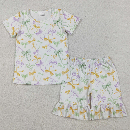 Baby Girls Clothes Mardi Gras Bows Plaid Top Ruffle Shorts Pajamas Sets GSSO2717 11.1
