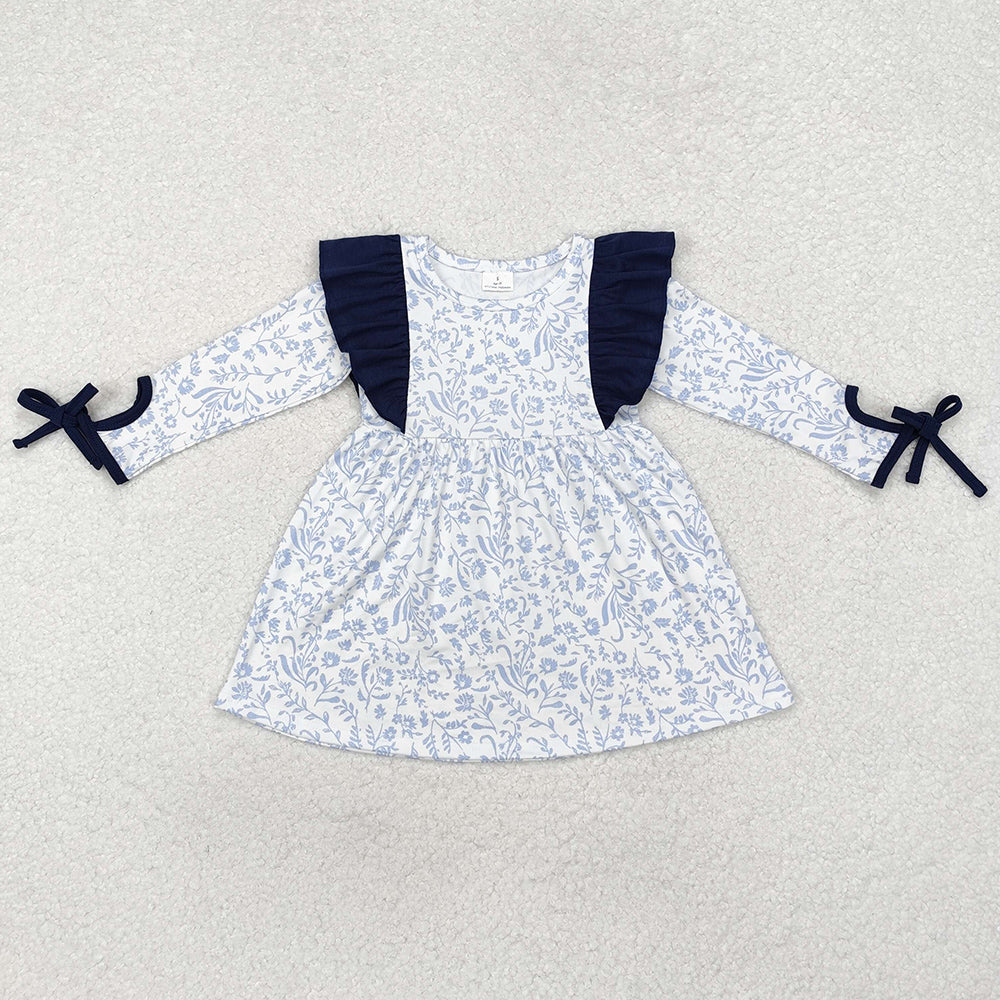 Baby Girls Dress Blue Flowers Ruffle Knee Length Dresses GLD0836
