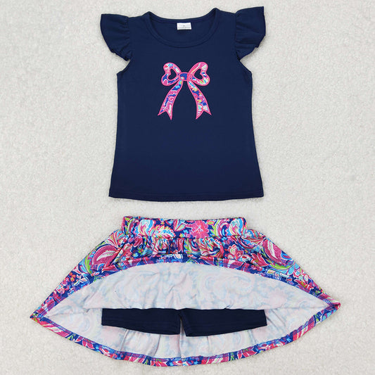 Baby Girls Clothes Navy Bow Embroidery Shirts Shorts Skirt Sets GSD1689