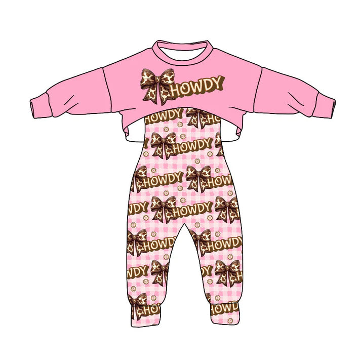 Preorder (moq 8)Baby Girls Pink Shirts Bows Howdy Checked Jumpsuits 2 Piece Clothes Sets 9.8