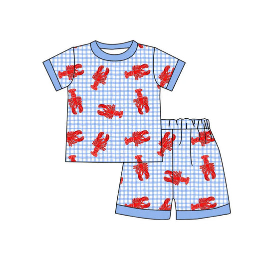 Preorder(moq 5) Baby Boys Blue Checked Short Sleeve Crayfishes Top Shorts Clothes Set 11.4