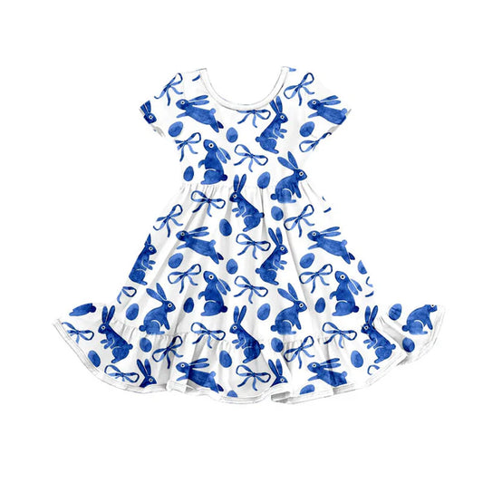 Preorder(moq 5) Baby Girls Blue Rabbits Eggs Bows Easter Ruffle Knee Length Dress 10.15