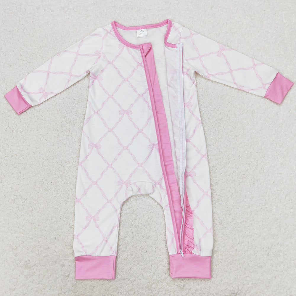 Baby Girls Rompers Pink Bows Zip Ruffle Long Sleeve Bamboo Rompers LR0921
