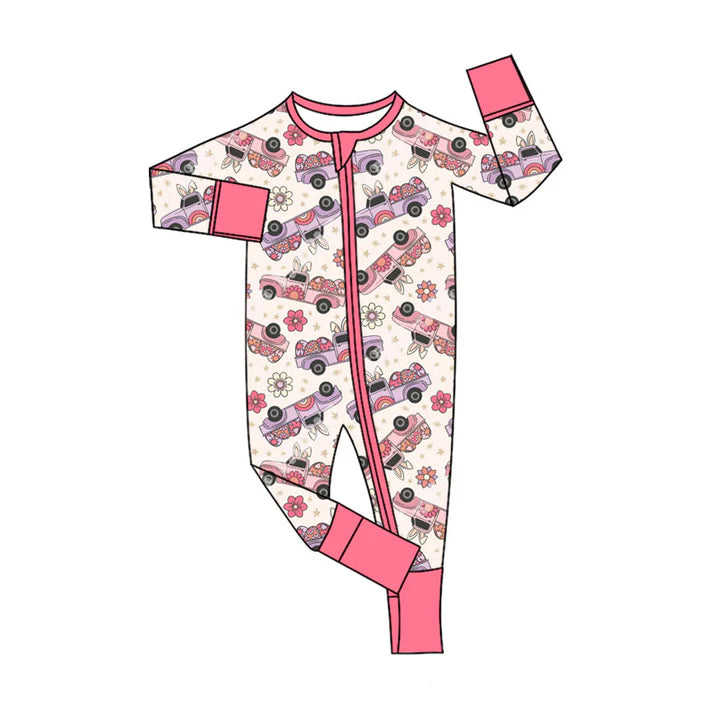 Preorder (moq 5)Baby Girls Flowers Eggs Trucks Easter Two Way Zip Convertible Rompers 11.14