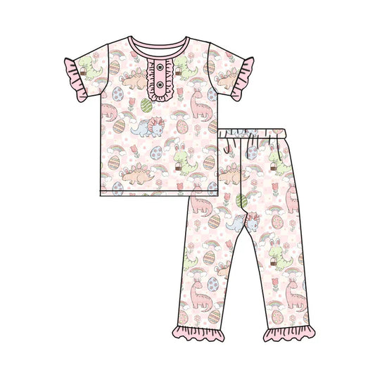 Preorder(moq 5) Baby Girls Pink Dinosaurs Eggs Button Top Ruffle Pants Easter Pajamas Sets 11.14