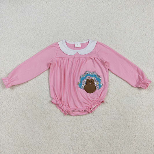 Embroidery Baby Girls Rompers Thanksgiving Pink Long Sleeves Turkey Ruffle Rompers LR2262 7.10