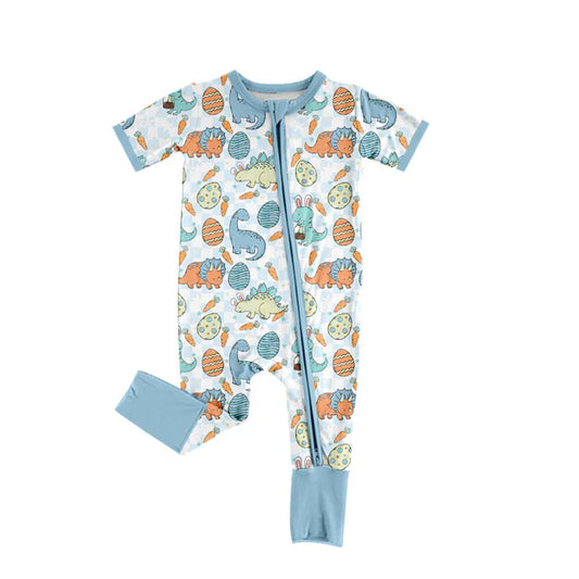 Preorder (moq 5)Baby Boys Blue Dinosaurs Eggs Easter Two Way Zip Convertible Rompers 11.14