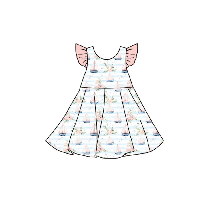 Preorder(moq 5) Baby Girls Flutter Sleeve Flowers Boats Stripe Knee Length Dresses 11.14