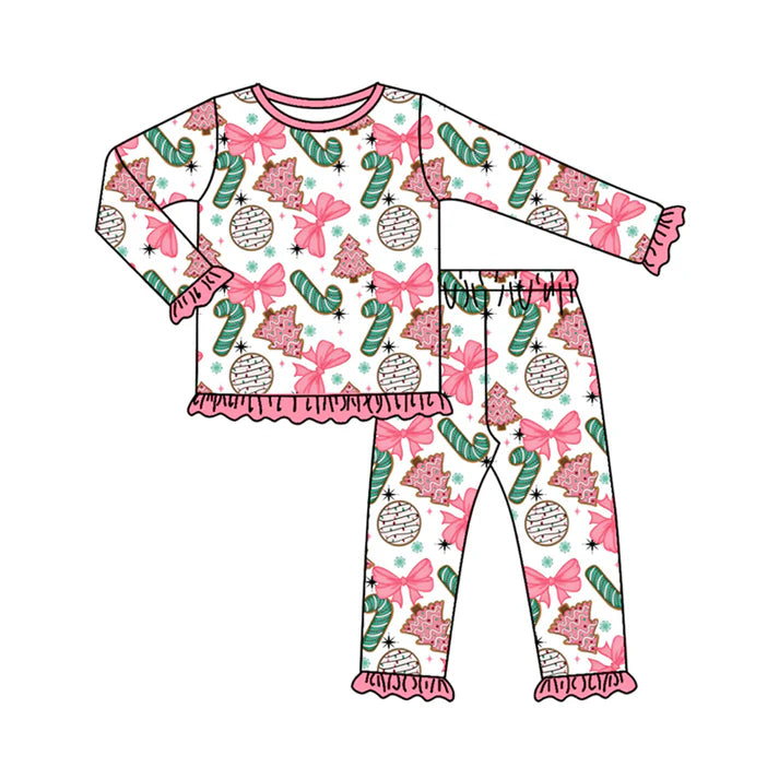 Preorder (moq 5)Baby Girls Long Ruffle Sleeves Bows Candy Cane Top Pants Pajamas Set 7.28