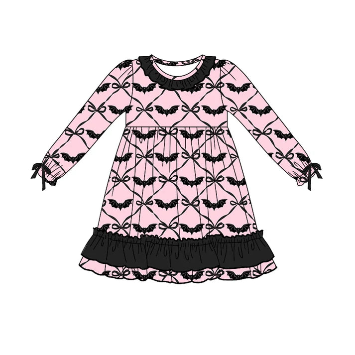 Preorder moq 5 Baby Girls Pink Long Ruffle Sleeves Black Bows Bats Knee Length Dresses 5.7