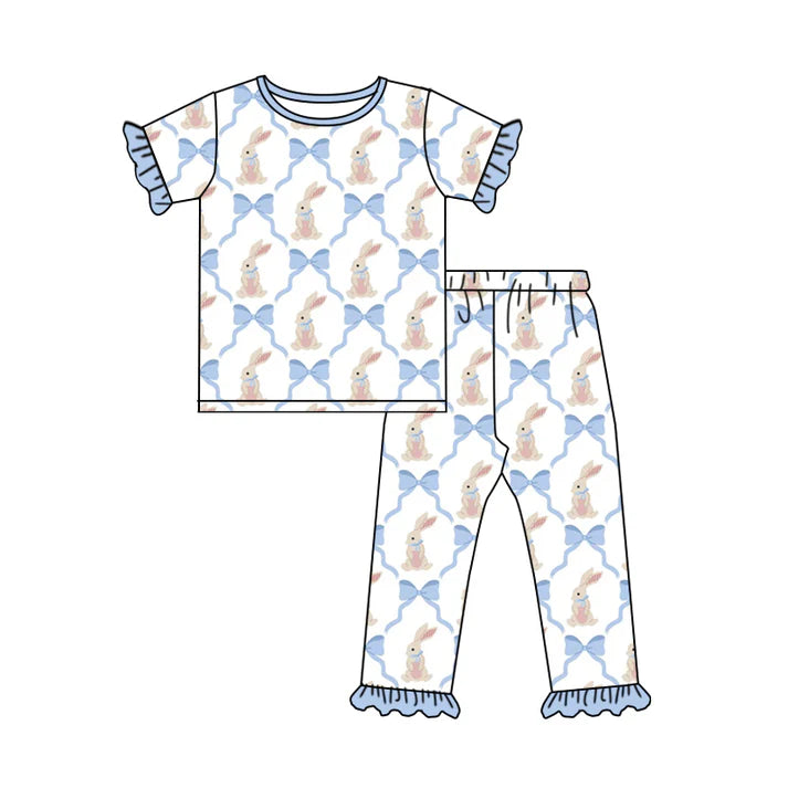Preorder (moq 5)Baby Girls Blue Bows Rabbits Checked Top Ruffle Pants Easter Pajamas Sets 12.16