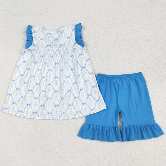 Baby Girls Clothes Blue Bows Flowers Tunic Tops Ruffle Shorts Sets GSSO2004