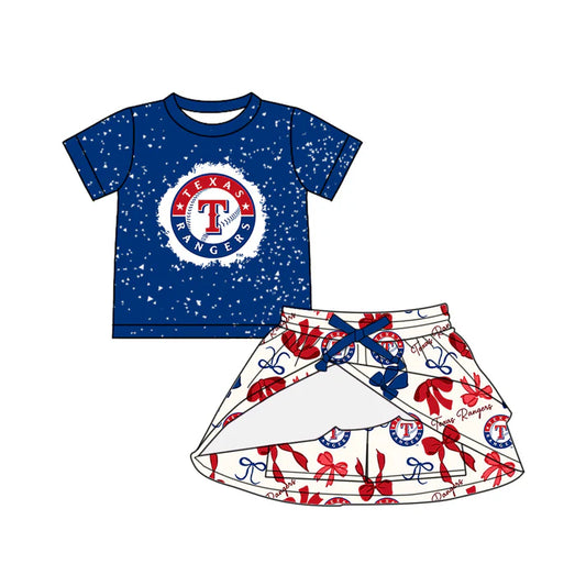 Preorder (moq 5)Baby Girls Hot Blue Short Sleeves T Top Bows Plaid Team Set 6.23