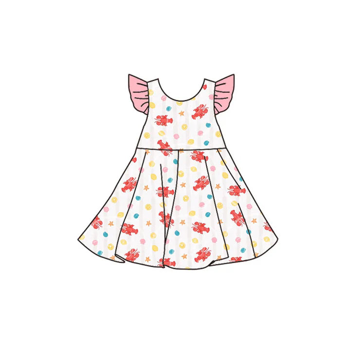 Preorder(moq 5) Baby Girls Flutter Sleeve Crayfishes Shells Stripe Knee Length Dresses 11.14