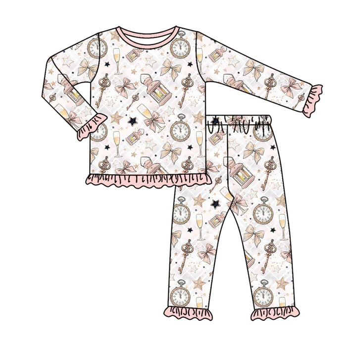 Preorder (moq 5)Baby Girls Long Ruffle Sleeves Pink Key Stars Plaid Top Pants Pajamas Set 7.29