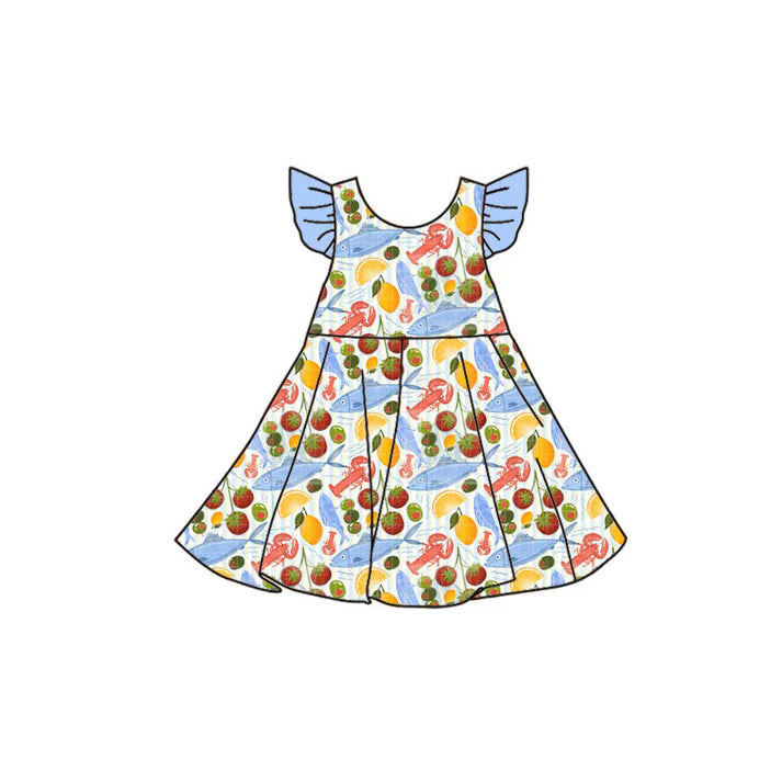 Preorder(moq 5) Baby Girls Flutter Sleeve Crayfishes Fishes Knee Length Dresses 11.14