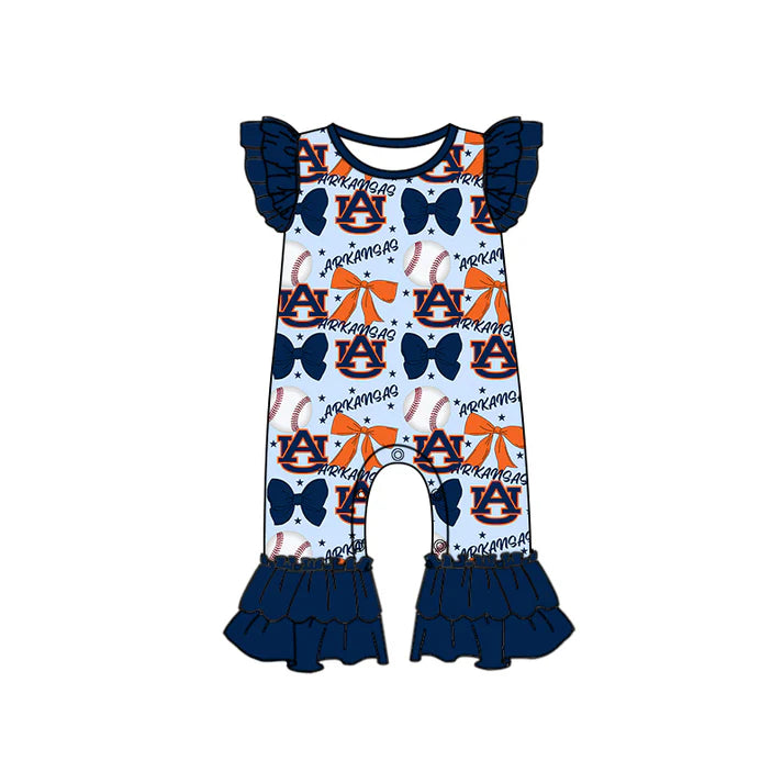 Preorder (moq 5)Baby Girls Navy Flutter Sleeves Baseball Bows Arkansas Ruffle Pant Team Rompers 6.16
